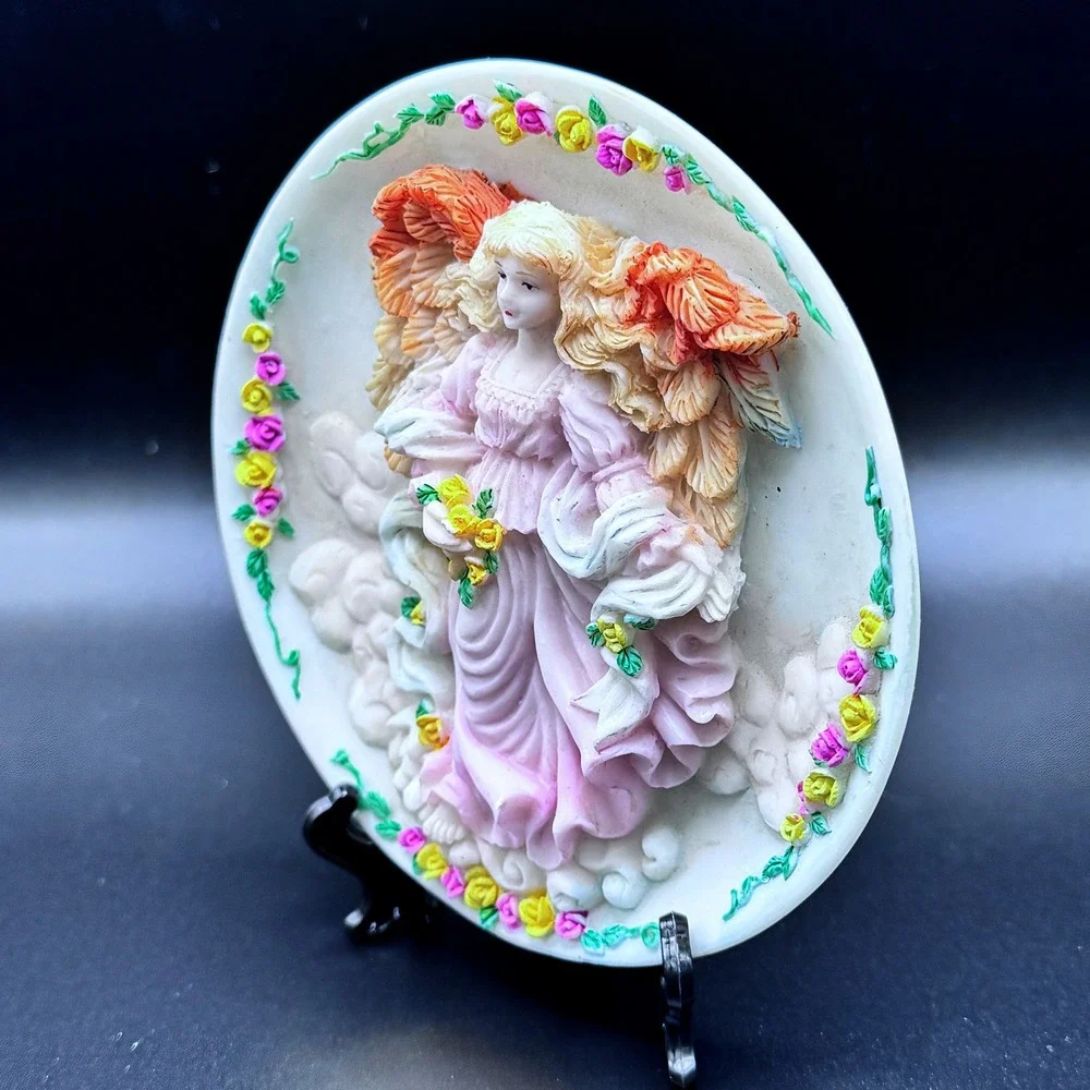 Vintage Angel Shelf Sitter Ceramic Plaque‎ Pastel Floral Roses Cottagecore Wings